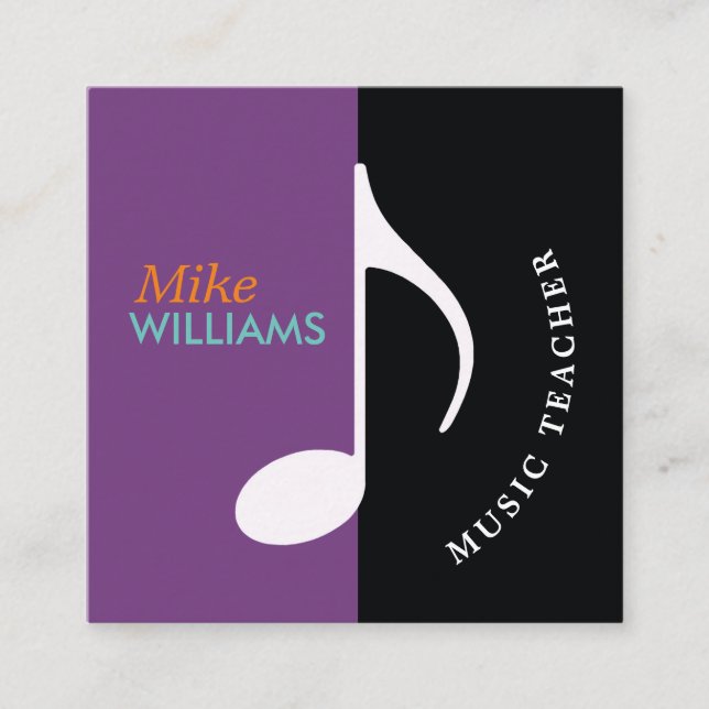 musical note ~ black & purple modern square business card (Front)
