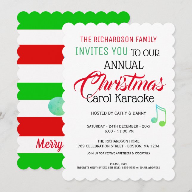 Musical Note Christmas Carol Karaoke Invitation (Front/Back)