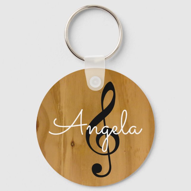 musical note on wood with name key ring (Front)