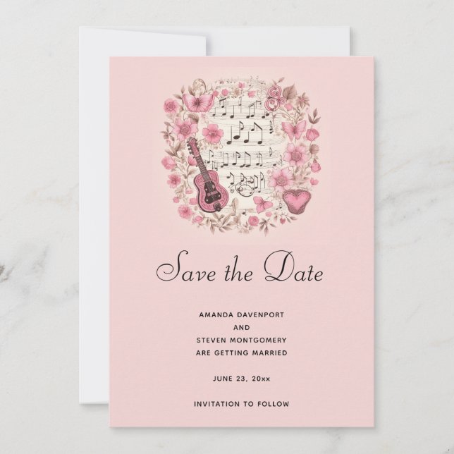 Musical Notes and Flowers Elegant Save the Date (Front)
