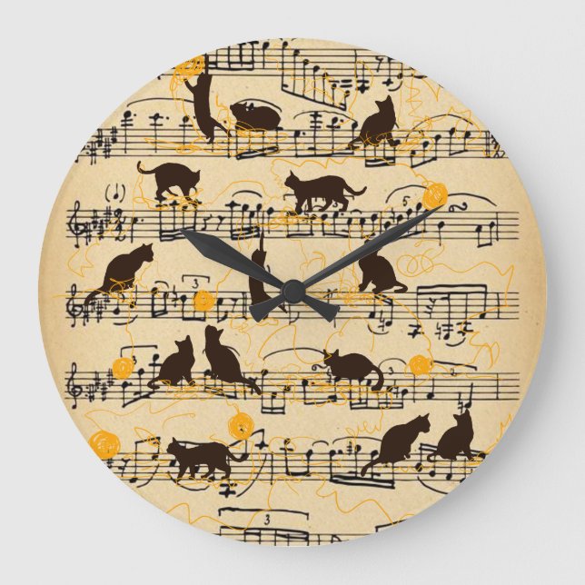 Musical notes and kittens large clock (Front)