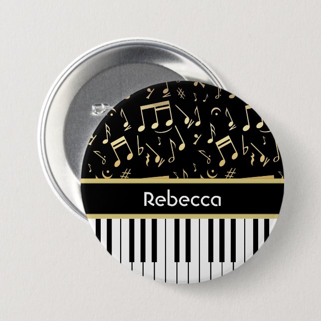 Musical Notes and Piano Keys Black and Gold 7.5 Cm Round Badge (Front & Back)