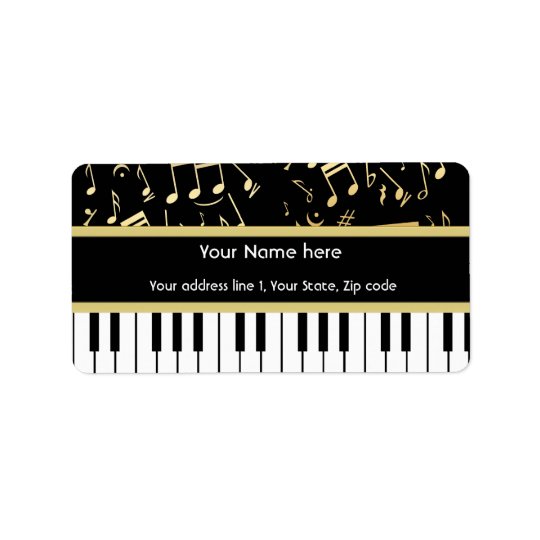 Musical Notes and Piano Keys Black and Gold Address Label
