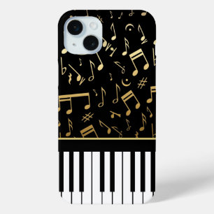 Musical Notes and Piano Keys Black and Gold iPhone 15 Mini Case