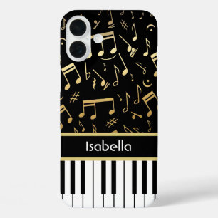 Musical Notes and Piano Keys Black and Gold iPhone 16 Plus Case