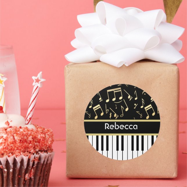 Musical Notes and Piano Keys Black and Gold Classic Round Sticker (Party)