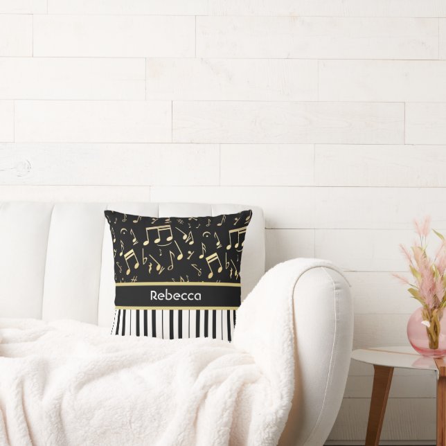 Musical Notes and Piano Keys Black and Gold Cushion (Couch)