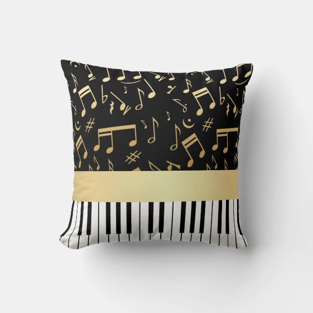 Musical Notes and Piano Keys Black and Gold Cushion (Front)