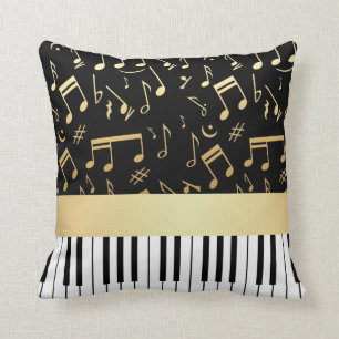 Musical Notes and Piano Keys Black and Gold Cushion