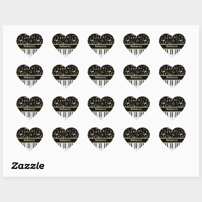 Musical Notes and Piano Keys Black and Gold Heart Sticker (Sheet)