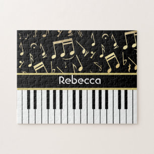 Musical Notes and Piano Keys Black and Gold Jigsaw Puzzle