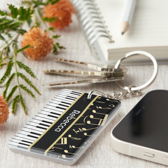 Musical Notes and Piano Keys Black and Gold Key Ring (Front Right)