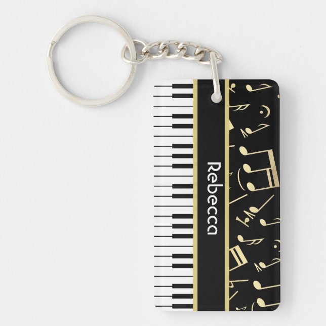 Musical Notes and Piano Keys Black and Gold Key Ring (Front)