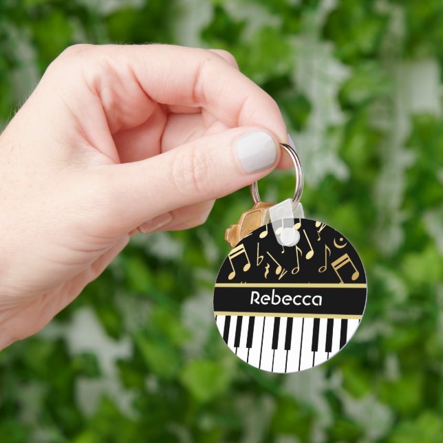 Musical Notes and Piano Keys Black and Gold Key Ring (Hand)