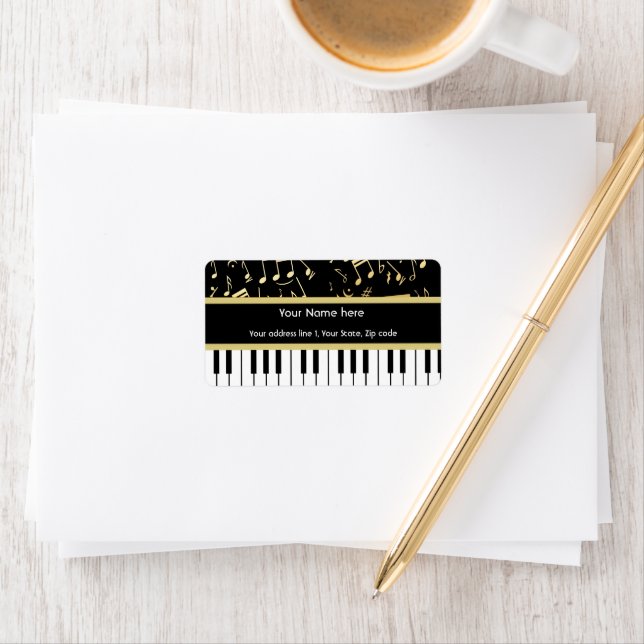 Musical Notes and Piano Keys Black and Gold Label (Insitu)
