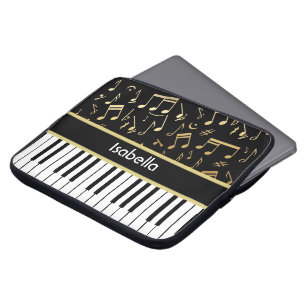 Musical Notes and Piano Keys Black and Gold Laptop Sleeve