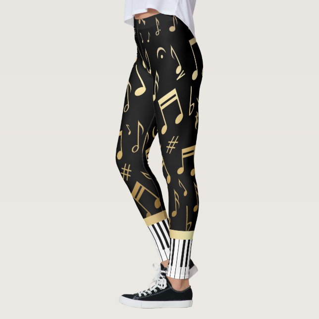 Musical Notes and Piano Keys Black and Gold Leggings (Left)
