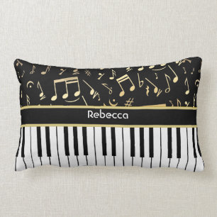 Musical Notes and Piano Keys Black and Gold Lumbar Cushion