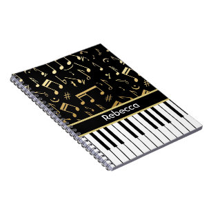 Musical Notes and Piano Keys Black and Gold Notebook