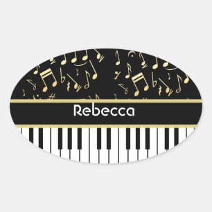 Musical Notes and Piano Keys Black and Gold Oval Sticker