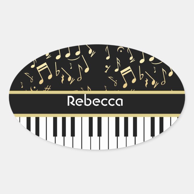 Musical Notes and Piano Keys Black and Gold Oval Sticker (Front)
