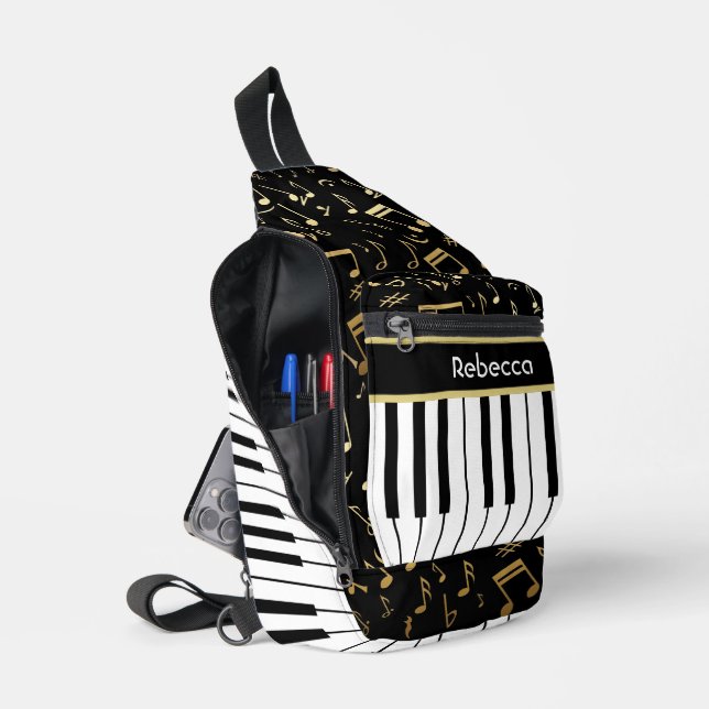 Musical Notes and Piano Keys Black and Gold Sling Bag (Open)