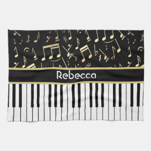 Musical Notes and Piano Keys Black and Gold Tea Towel
