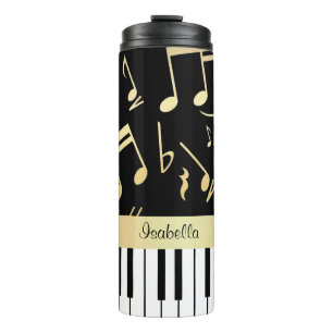 Musical Notes and Piano Keys Black and Gold Thermal Tumbler