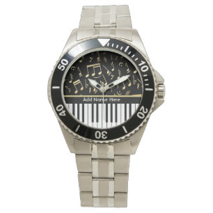 Musical Notes and Piano Keys Black and Gold Watch