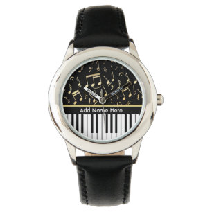 Musical Notes and Piano Keys Black and Gold Watch