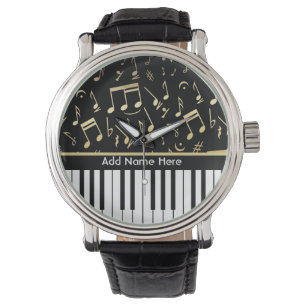 Musical Notes and Piano Keys Black and Gold Watch