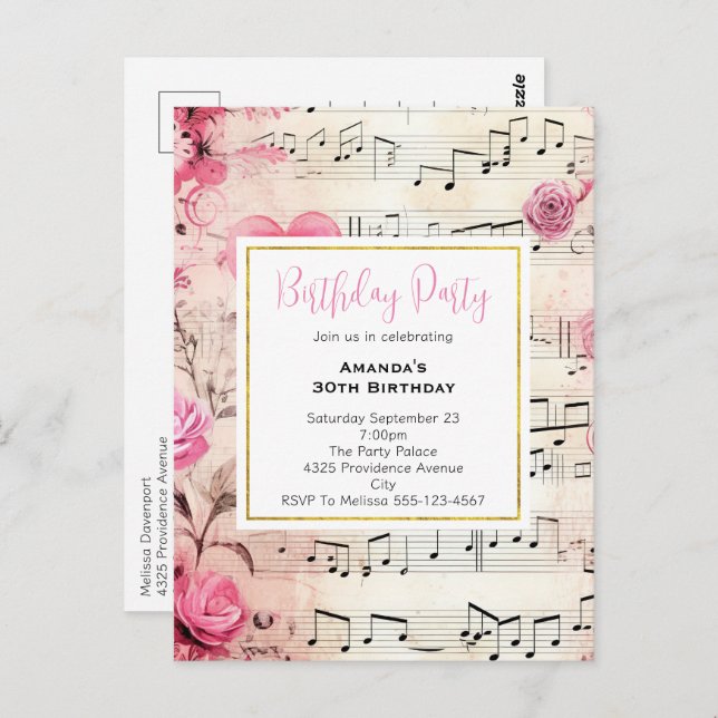 Musical Notes and Roses Vintage Birthday Invite Postcard (Front/Back)