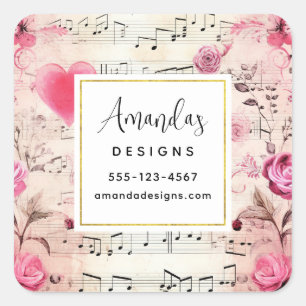 Musical Notes and Roses Vintage Design Business Square Sticker