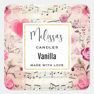 Musical Notes and Roses Vintage Design Candle Biz Square Sticker