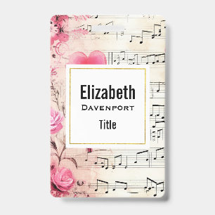 Musical Notes and Roses Vintage Design ID Badge