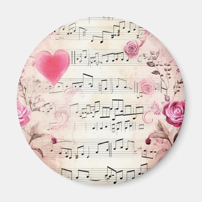 Musical Notes and Roses Vintage Design Magnet (Front)