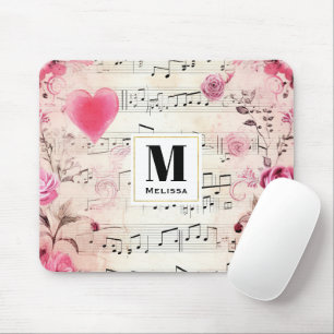 Musical Notes and Roses Vintage Design Mouse Mat
