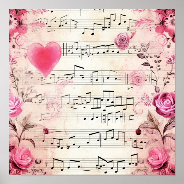 Musical Notes and Roses Vintage Design Poster (Front)