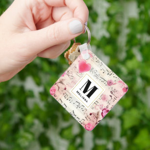 Musical Notes and Roses Vintage Monogram Key Ring