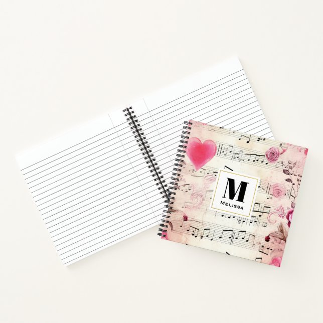 Musical Notes and Roses Vintage Monogram Notebook (Inside)