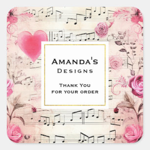 Musical Notes and Roses Vintage Thank You Business Square Sticker