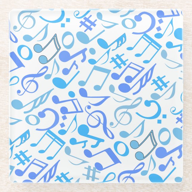 Musical Notes and symbols Pattern blue.b White Glass Coaster (Front)