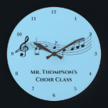 Musical Notes Band Teacher Custom Music Class Large Clock<br><div class="desc">A cool custom music class wall clock featuring a musical staff with notes on a blue background. Order for a musician, composer, band or orchestra conductor, or choir director and personalise with a music department name or other text.</div>