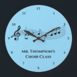 Musical Notes Band Teacher Custom Music Class Large Clock<br><div class="desc">A cool custom music class wall clock featuring a musical staff with notes on a blue background. Order for a musician,  composer,  band or orchestra conductor,  or choir director and personalise with a music department name or other text.</div>