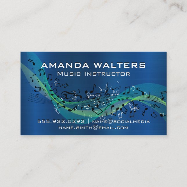 Musical Notes | Blue Metallic Business Card (Front)
