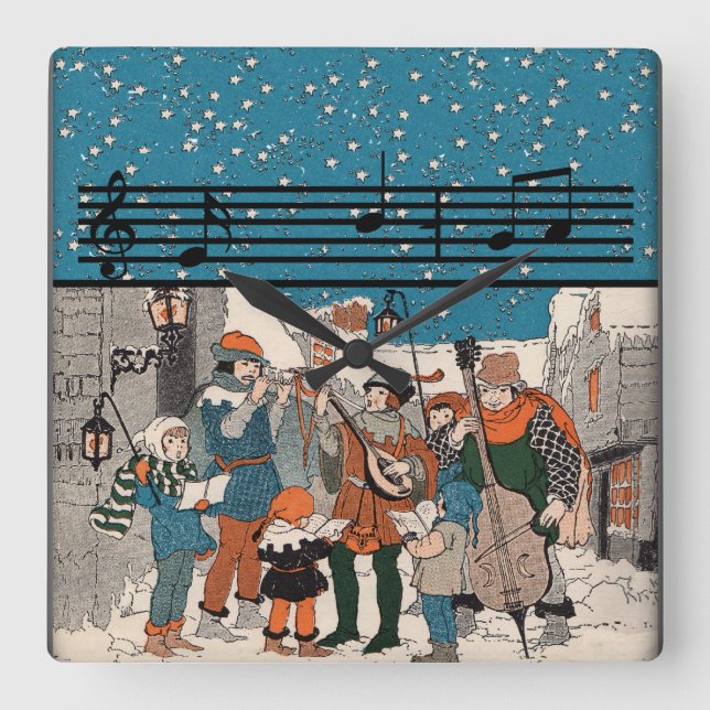 Musical Notes Christmas Carolers Square Wall Clock (Front)
