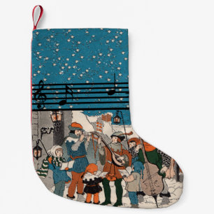 Musical Notes Christmas Carolers Stars Village Small Christmas Stocking