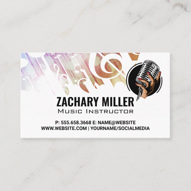 Musical Notes Hand Holding Microphone Logo Business Card (Front)
