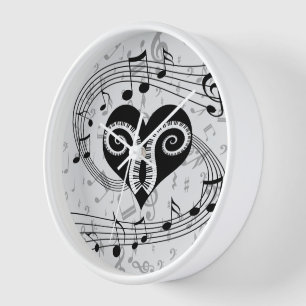 Musical notes heart and piano keys clock
