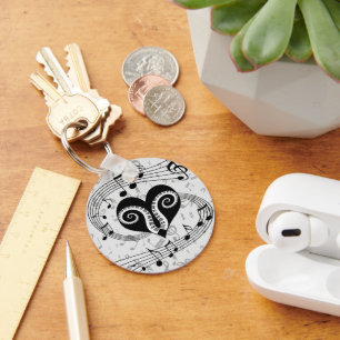 Musical notes heart and piano keys key ring